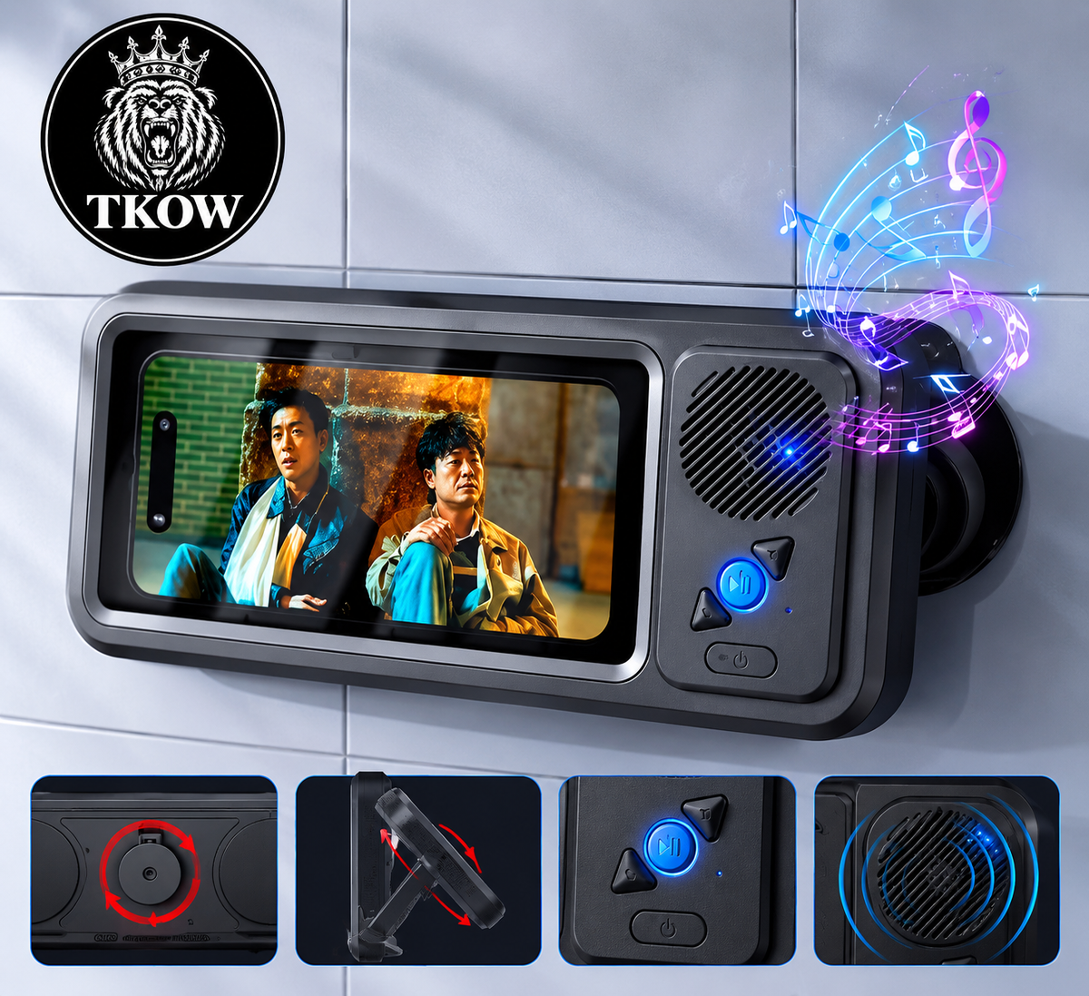 Soporte Impermeable para Celular con Parlante Bluetooth — Rotación 360° para Baño