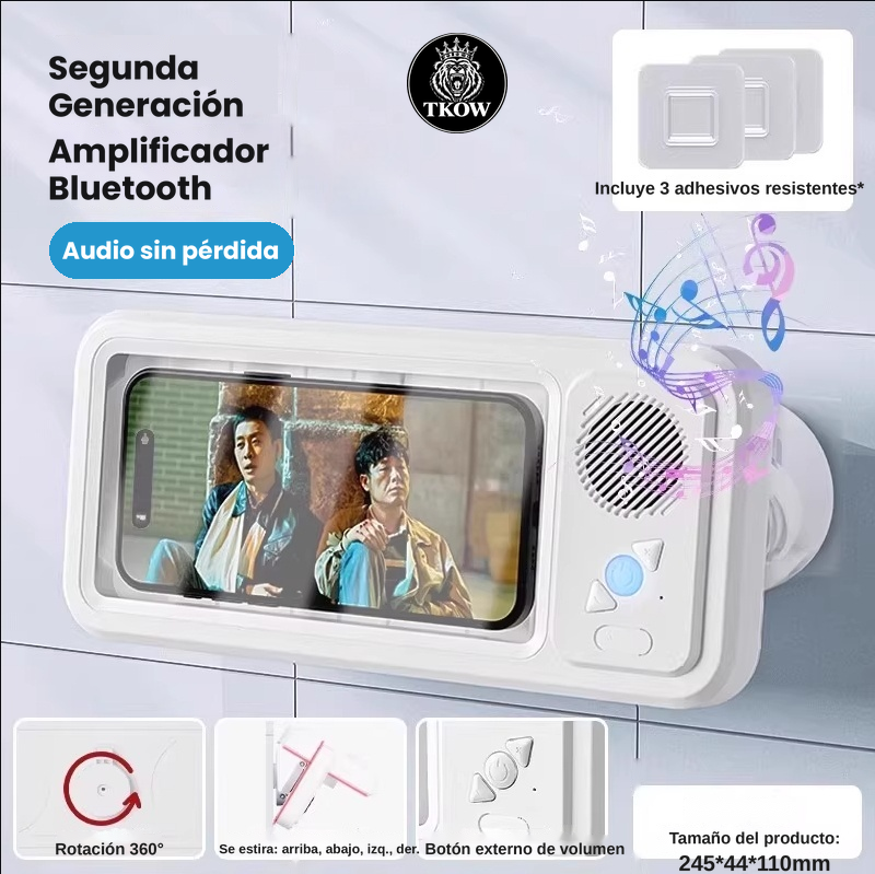 Soporte Impermeable para Celular con Parlante Bluetooth — Rotación 360° para Baño