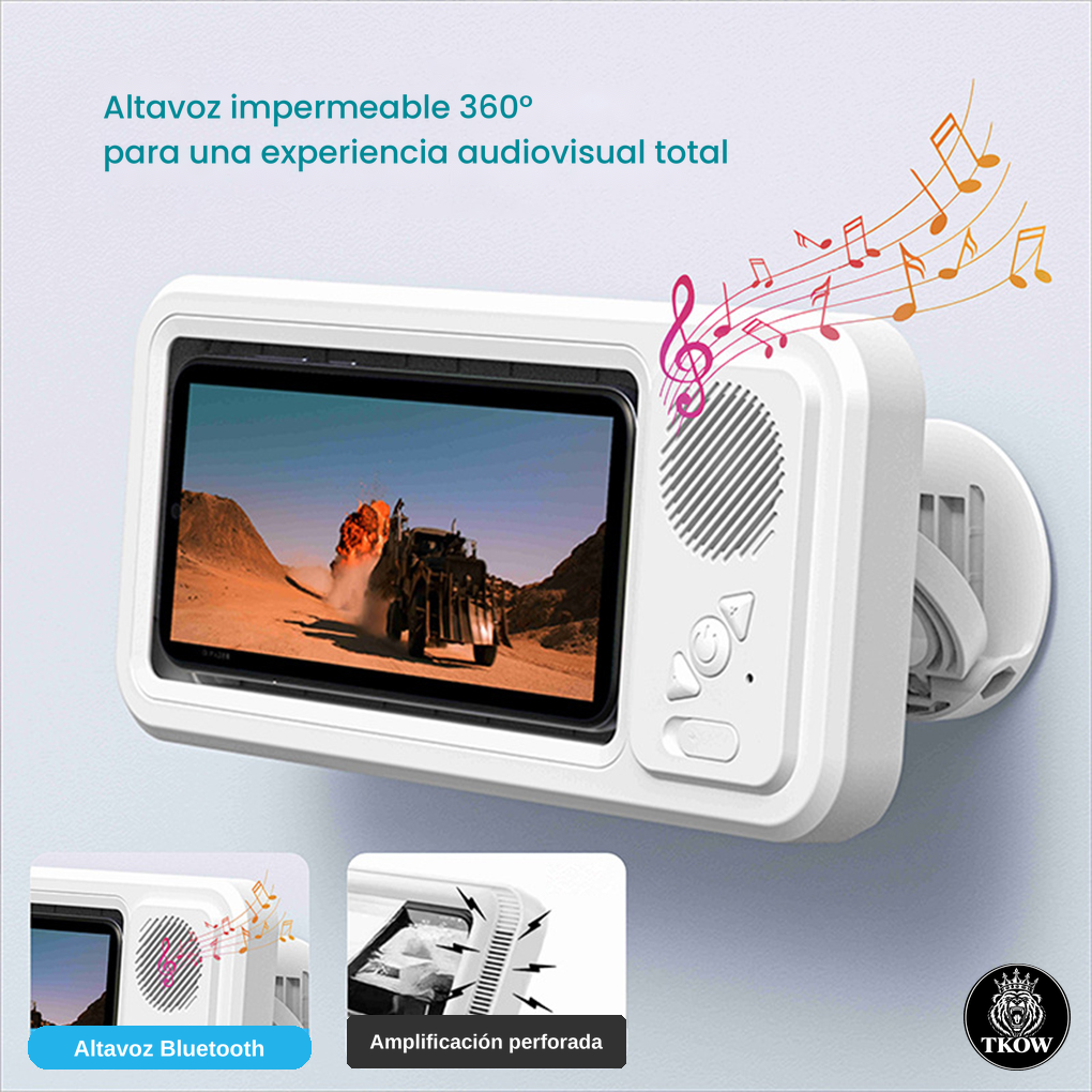 Soporte Impermeable para Celular con Parlante Bluetooth — Rotación 360° para Baño